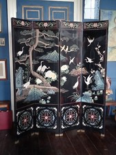 HUGE Mid-Century Modern Antique Chinese Lacquered Wood 4-Panel Screen/ headboard