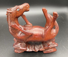A Old Antique Carved Hard Box Wood Wooden Chinese Horse on Back - Glass Eyes