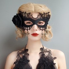 Gothic Black Lace Eye Mask with Black Rose, Halloween Cosplay Masquerade Party