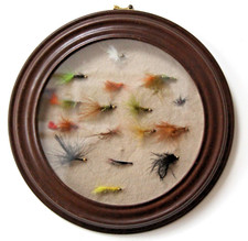 Fishing Fly Display in a Glazed Circular Mahogany Frame