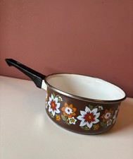Vintage Retro Brown Orange Enamel Pan Cooking Pot Saucepan 1970s Kitchenalia