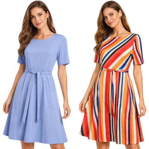 Ladies midi dress plain belted - dress,