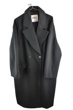 Zara Womans Long Poly overcoat Mac trench Size L Black Outdoors Warm Winter