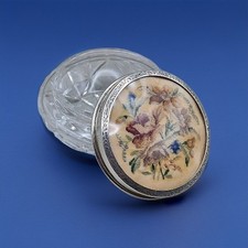 Sterling Silver & Petit Point Tapestry Lid and Cut Glass Dressing Table Jar 1949