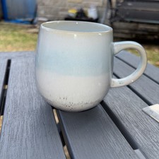 Large Earthenware Light Blue And White Mug 10cm Tall 8cm Diameter And Bulbous.