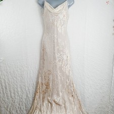 Vintage 90s Monsoon Cream & Gold Bias Cut Slip Style Long Dress UK 12 .