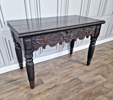 Antique Victorian Hand Carved Hall Entry Console Table Writing Desk - Solid Wood