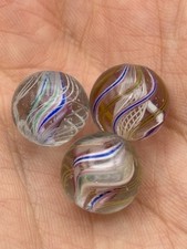 3 Antique German Handmade Glass Marbles Latticino Swirl Ribbon Rare Pontil