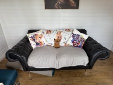 Brown / Grey Leather Sofa And Leather Square Matching Foot Stool