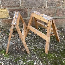 VINTAGE SAW HORSE Pair Wooden Bench Trestles Table Base Patina Reclaimed Wood