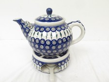 Boleslawiec Poland Polish Blue White Teapot Large on Stand Food warmer Ceramic