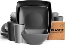 Teivio 16-Piece Kitchen Plastic Square Dinner Set, Service for 4, Dinner Plates