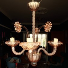 Murano Pink Glass Chandelier Three Branches and Floral Stems, 56cm High