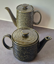Vintage Gibsons Green Ceramic Tea Coffee Pots Mid Century Modern Rustic Bark 60s