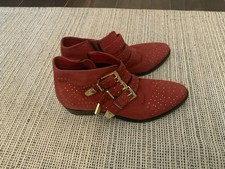 Office Red Suede Ankle Boots – Gold Buckles & Studs – Brand New Size 38 (UK 5)