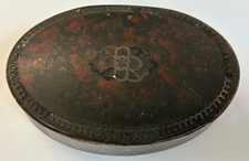 ANTIQUE SNUFF BOX PAPIER MACHE 1881 METAL INLAY PAPER INSCRIPTION *READ DESC*