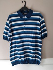 JOHN SMEDLEY 3 BUTTON POLO SHIRT, BLUES + WHITE HOOPED, ARMPIT TO ARMPIT = 22 IN