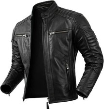 Men's Vintage Genuine Black Leather Jacket  Motorcycle Slim Fit Cafe racer Style
