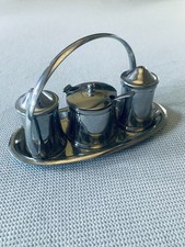 OLD HALL, Vintage-Polished Stainless Steel-3 Piece Cruet Set On Stand.   VGC