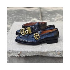 Bespoke Men's Handmade Black Croc Leather Texture Slip On Moccasin Formal Shoes