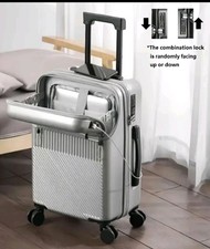 Silver Cabin Suitcase 20" USB Port, Drinks holder, 360 Wheels, Easy front zip
