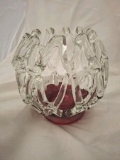 Stunning Art Glass Fruit Bowl Red With Applied Lattice Clear Glass