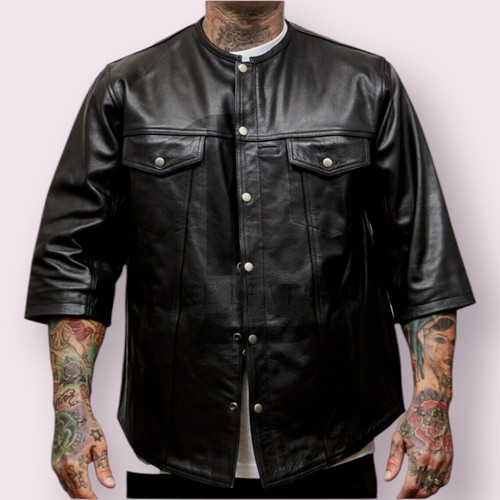Men black leather shirt - men's,