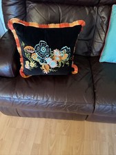 Ted Baker Black Velvet Embroidered Fringe Cushion