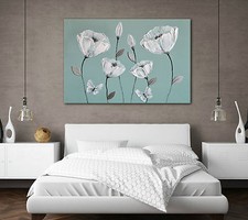 BEAUTIFUL CANVAS DUCK EGG BLUE GREY WHITE FLOWERS ZEN WALL ART PICTURE PRINT 