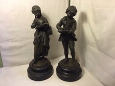 Rare Pr Of Antique Spelter Figures Scholars On Wood Bases Damaged Foot.12 Inch.