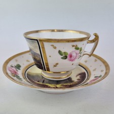 Antique 19thC Cup & Saucer Painted Landscapes Donegal Castle Ireland & Midhurst