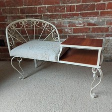 Fab Vintage Retro Mid Century Metal Telephone Table Seat Off White Faux Fur Teak