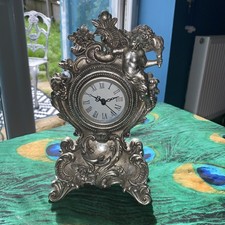 SILVER COLOURED MANTEL CLOCK FRENCH STYLE CHERUBS BAROQUE STYLE