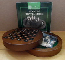 Wooden Travel Chess Set - Round Wooden Board/Storage With Plastic Chessmen