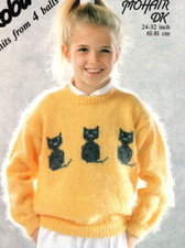 0313 Knitting Childs Cat Motif Sweater 24-32ins DK  - Vintage Pattern Copy