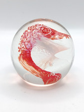 Selkirk Scotland Clear Glass Paperweight With Red & White Swirls. Labelled.
