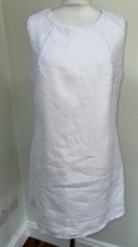 Next Dress Size 12/14 White 100% Linen In Good Condition Lined Flowers Lace
