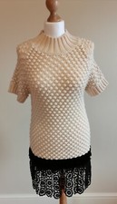 NEW - Manoush Short-Sleeve Cream Cable Knit Lace Frill Turtleneck Jumper - L