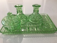 Art Deco Glass Dressing Table Set, in a beautiful shade of green.