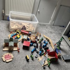 Wooden Railway Train Set With Carriages, Buildings, Sheds, Bridge, Accessories