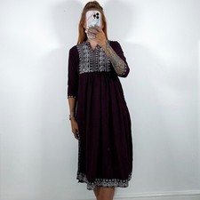 Ladies Purple Silver Embroidered 3/4 Sleeved Kurti Long Tunic Top Size 10