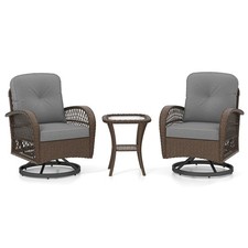 COSTWAY 3 Pcs Patio Rattan Bistro Set 360° Swivel Outdoor Rocking Chairs-Grey