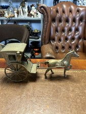 Vintage Solid Brass Horse Pulling Carriage (wheels Move) ornament  34x16cm