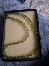 Necklace Green Glass Beaded with Grey /Clear Round Beads Costume Jewellery