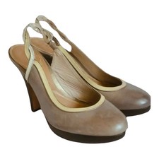 Reiss Leather Heels Shoes Taupe Brown Yellow Trim Slingback UK 6 EU 39