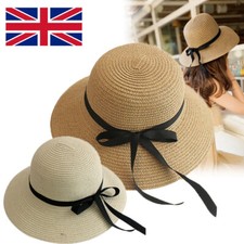 Ladies Women Summer Sun Beach Floppy Derby Hat Wide Large Brim Straw Foldable UK