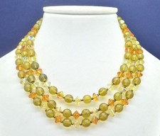 Vintage Necklace 1960s Germany Triple Strand Green & Amber Crystal Goldtone