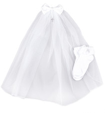 Girl's White First Holy Communion Veil & Matching Socks Gift,Rhinestone Cross