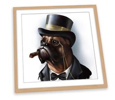 Boxer Dog Cigar Top Hat White FRAMED ART PRINT Picture Square Artwork