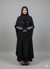 Luxury Black Abaya with Draped Shawl | Elegant Embroidered Sleeves